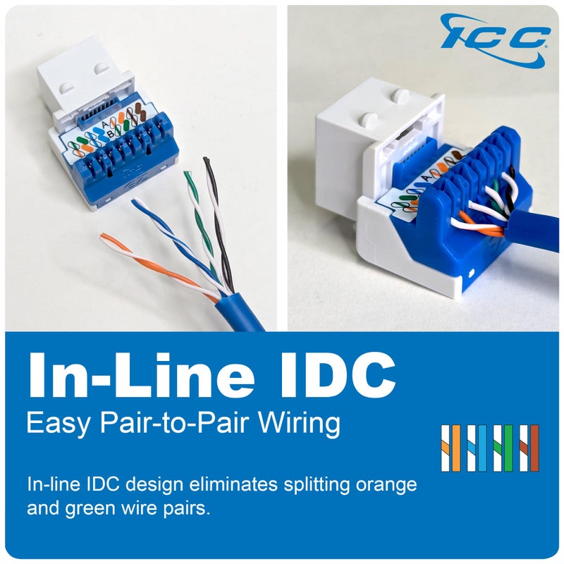 ICC CAT5e Keystone Jack with Inline IDC No Pair Split Wiring (Easier Termination) UL Listed PoE++ TAA VoIP Compliant for Wall Plate or Patch Panel, Works with JackEasy Termination Tool, Blue 25 Pack - Image 3